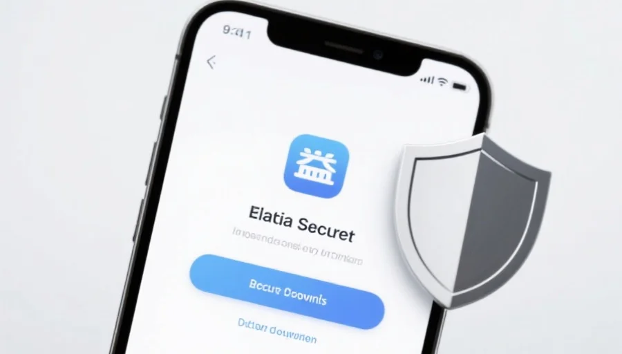 一部现代智能手机屏幕上显示意昂应用的安全下载界面，旁边有安全盾牌图标，背景简洁