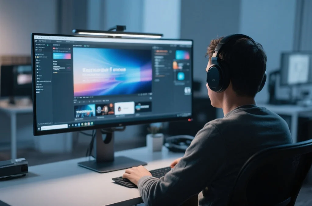 用户在桌面电脑上享受意昂的沉浸式娱乐体验