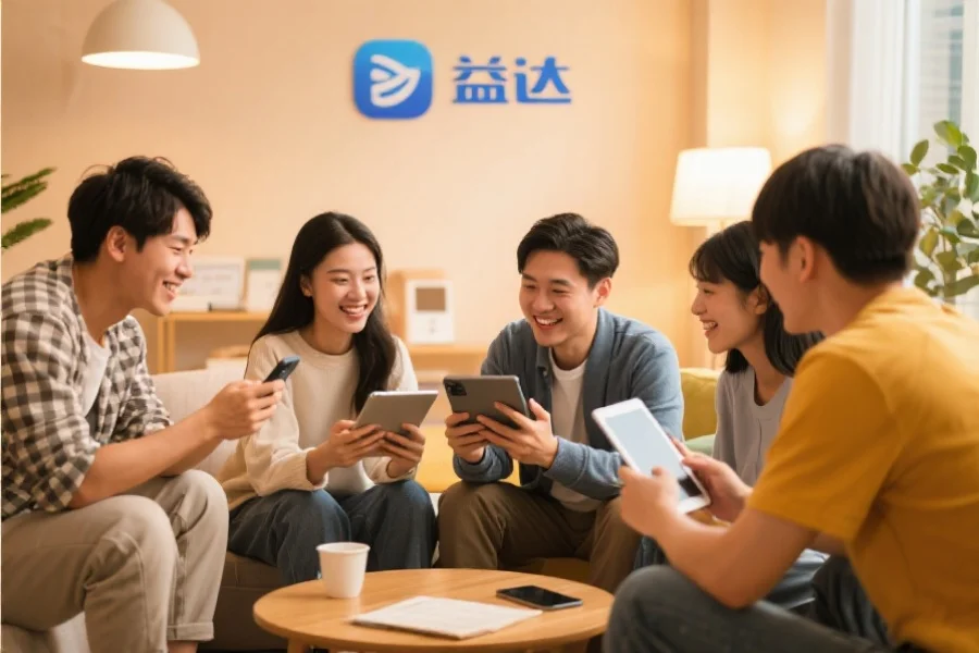 一群年轻用户围坐在一起，使用平板和手机愉快地交流，背景温馨现代，象征意昂应用的社区活跃氛围